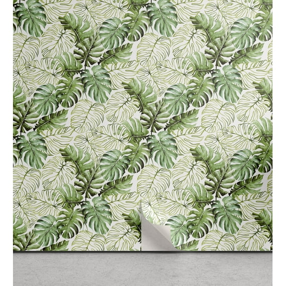 Ambesonne Tropical Peel & Stick Wallpaper for Home, Palm Foliage Watercolor, 13"x100", Pale Reseda Green White