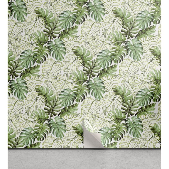 Ambesonne Tropical Peel & Stick Wallpaper for Home, Palm Foliage Watercolor, 13"x100", Pale Reseda Green White