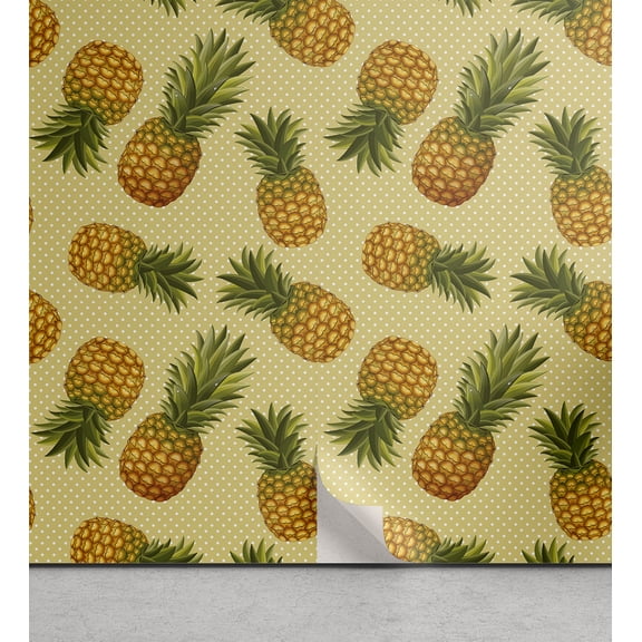 Ambesonne Tropical Peel & Stick Wallpaper for Home, Pineapples Polka Dot Back, 13"x36", Camel Green and Orange