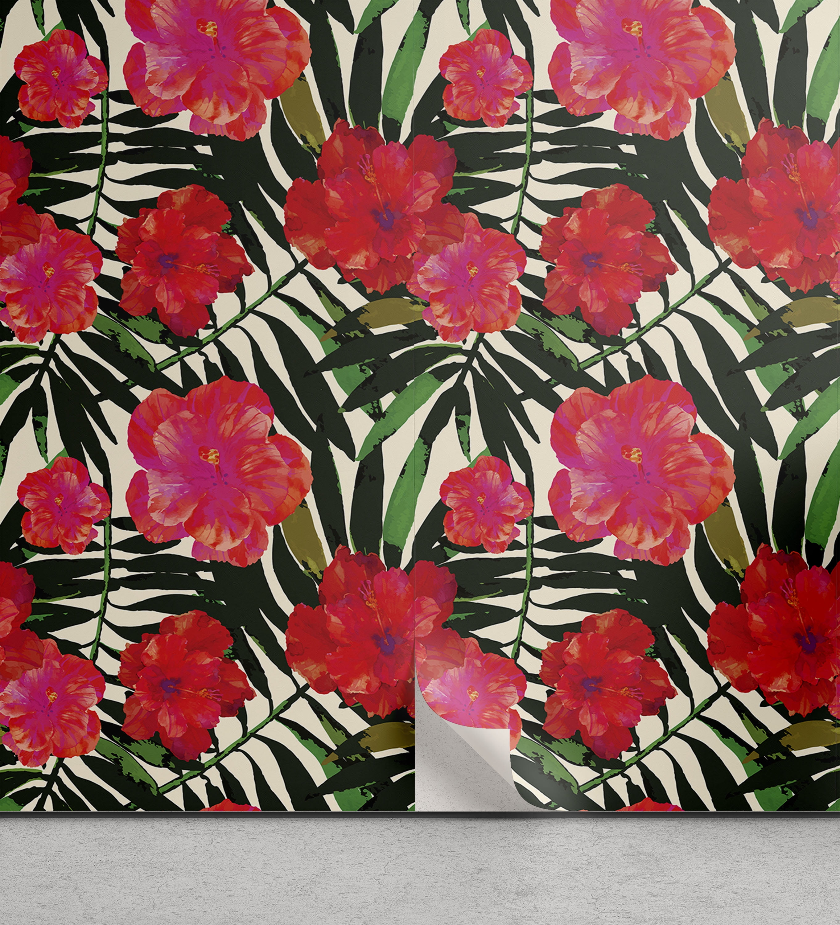 Ambesonne Tropical Peel \u0026 Stick Wallpaper for Home, Red Exotic Flowers  Palm, 13\, image size:2724x3000