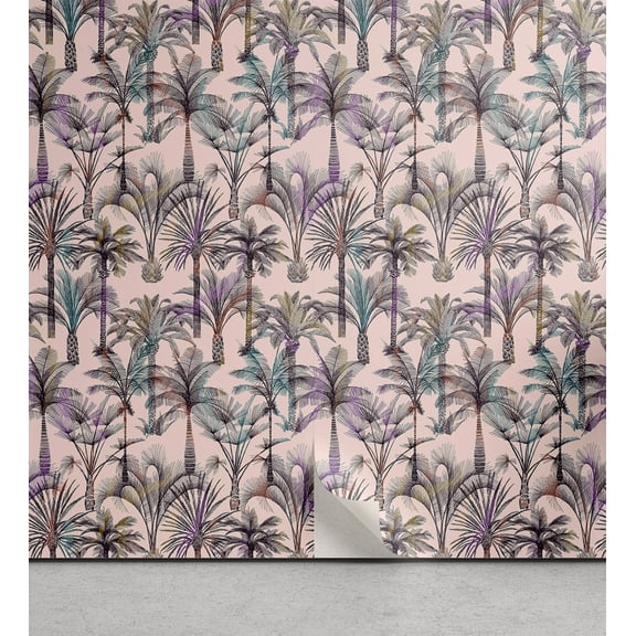 Ambesonne Tropical Peel & Stick Wallpaper for Home, Simple Palm Trees Artwork, 13"x72", Pale Pink Fuchsia and Teal