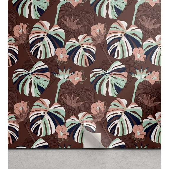 Ambesonne Tropical Peel & Stick Wallpaper for Home, Simplified Exotic Flora, 13"x36", Pale Salmon Seafoam