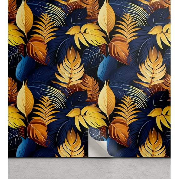 Ambesonne Tropical Peel & Stick Wallpaper for Home, Surreal Jungle Leaves Art, 13"x72", Mustard Dark Lavender
