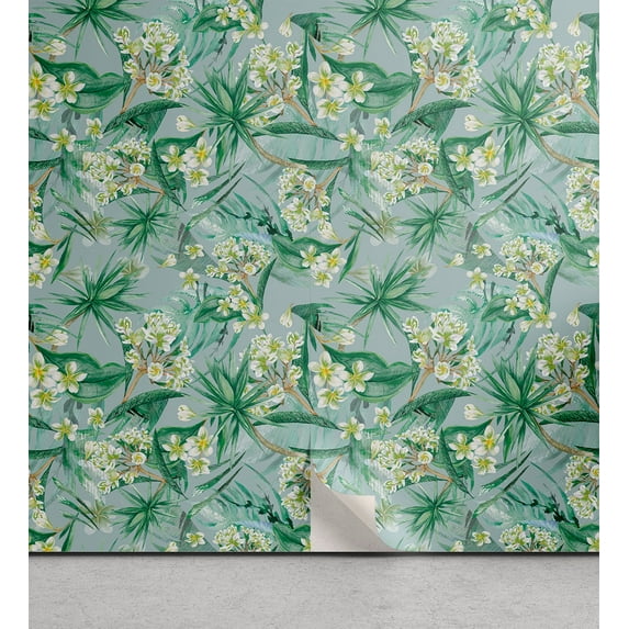 Ambesonne Tropical Peel & Stick Wallpaper for Home, Watercolor Plumeria Plot, 13"x72", Reseda Green and Amber