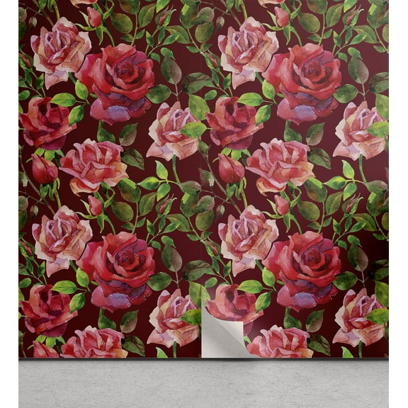 Ambesonne Tropical Peel & Stick Wallpaper for Home, Watercolor Rose Repeating, 13"x100", Dark Salmon Fern Green