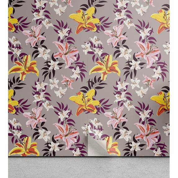 Ambesonne Tropical Peel & Stick Wallpaper for Home, Yellow Pink White Lilies, 13"x36", Mustard and Dark Magenta