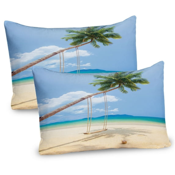 Ambesonne Tropical Pillow Sham 2 Pack, Coconut Palms Island, 26"x20", Cream Blue Green