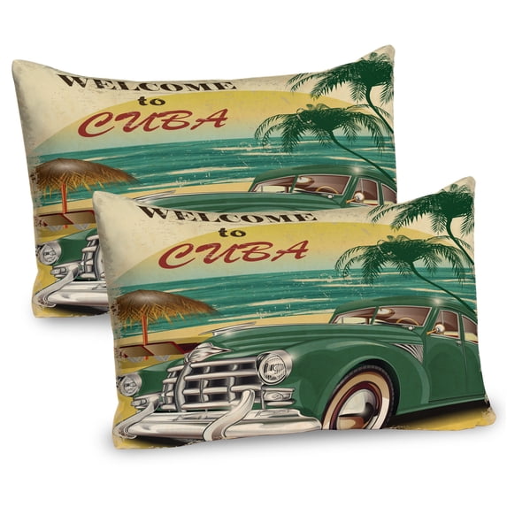 Ambesonne Tropical Pillow Sham 2 Pack, Cuba Beach Ocean Palm, 30"x20", Green Cream Yellow