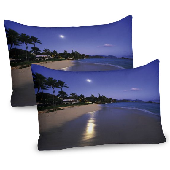 Ambesonne Tropical Pillow Sham 2 Pack, Moonlight Hawaii Sea, 26"x20", Navy Sand
