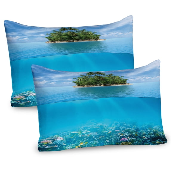 Ambesonne Tropical Pillow Sham 2 Pack, Small Island in Ocean, 36"x20", Aqua Forest Green