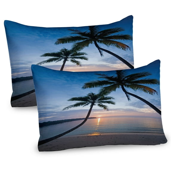 Ambesonne Tropical Pillow Sham 2 Pack, Sunset Beach Thailand, 36"x20", Blue Black Pale Pink