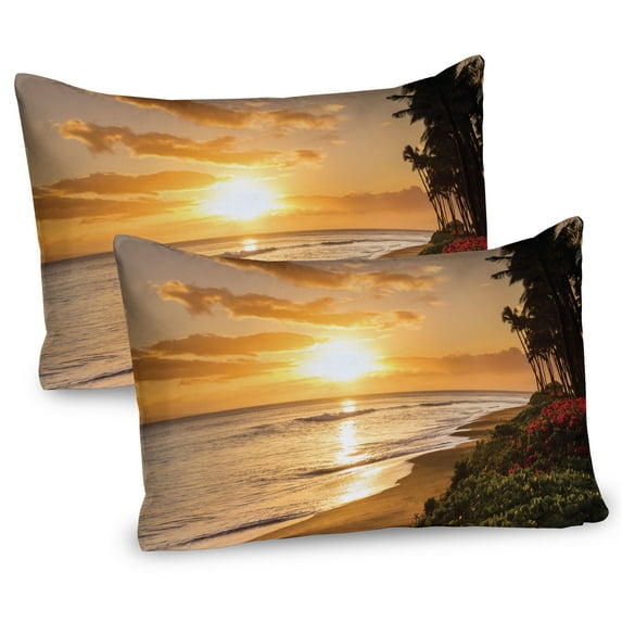 Ambesonne Tropical Pillow Sham 2 Pack, Sunset on Sands Beach, 36"x20", Orange Green Pink