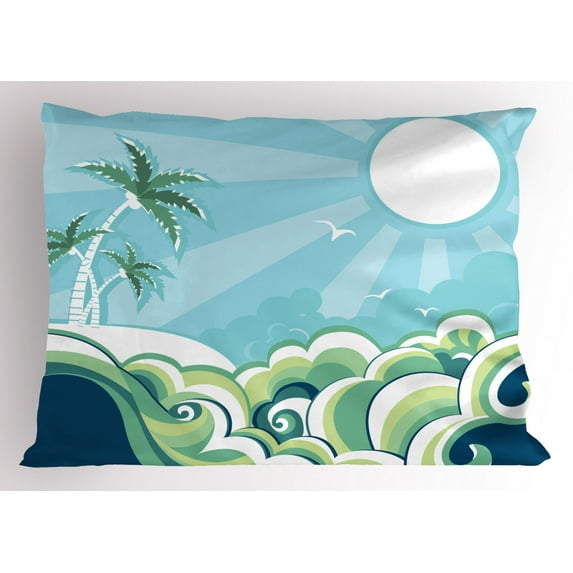 Ambesonne Tropical Pillow Sham, Wavy Sea Palm Trees, 26" X 20", Multicolor