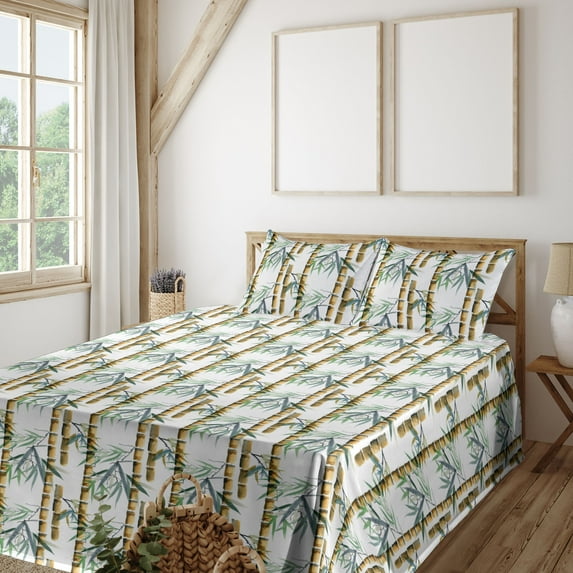 Ambesonne Tropical Print Fitted & Flat Sheet with Sham 3 Pcs Set, Exotic Leaf Eastern, Twin XL, Sand Brown Green White