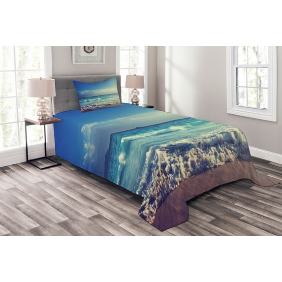 Ambesonne Tropical Quilted Bedspread Set 2 Pcs, Beach Sunset Waves, Twin Size, Cream Turquoise