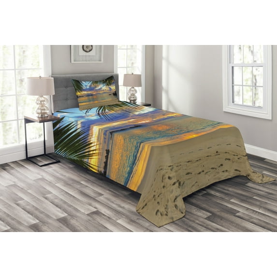 Ambesonne Tropical Quilted Bedspread Set 2 Pcs, Exotic Beach Photo, Twin Size, Multicolor