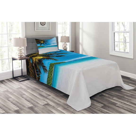Ambesonne Tropical Quilted Bedspread Set 2 Pcs, Exotic Island Beach, Twin Size, Blue White Green