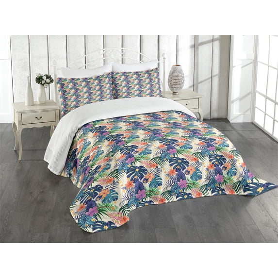 Ambesonne Tropical Quilted Bedspread Set 2 Pcs, Flowers of Exotic Plants, Twin Size, Multicolor