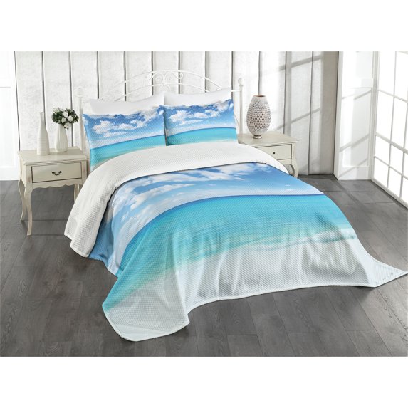 Ambesonne Tropical Quilted Bedspread Set 2 Pcs, Hawaiian Seascape, Twin Size, Turquoise White