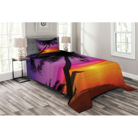 Ambesonne Tropical Quilted Bedspread Set 2 Pcs, Palm Shadow at Sunset, Twin Size, Purple Orange Black