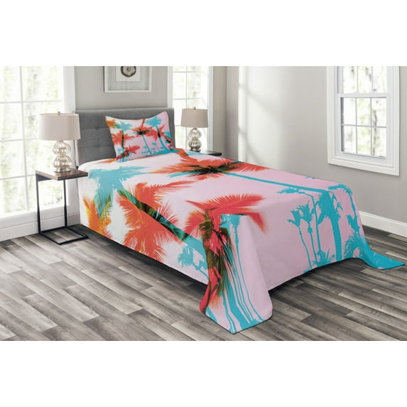 Ambesonne Tropical Quilted Bedspread Set 2 Pcs, Palm Tree Silhouettes, Twin Size, Dark Coral Turquoise