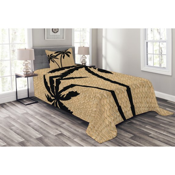 Ambesonne Tropical Quilted Bedspread Set 2 Pcs, Palm Tree Silhouettes, Twin Size, Pale Brown and Black