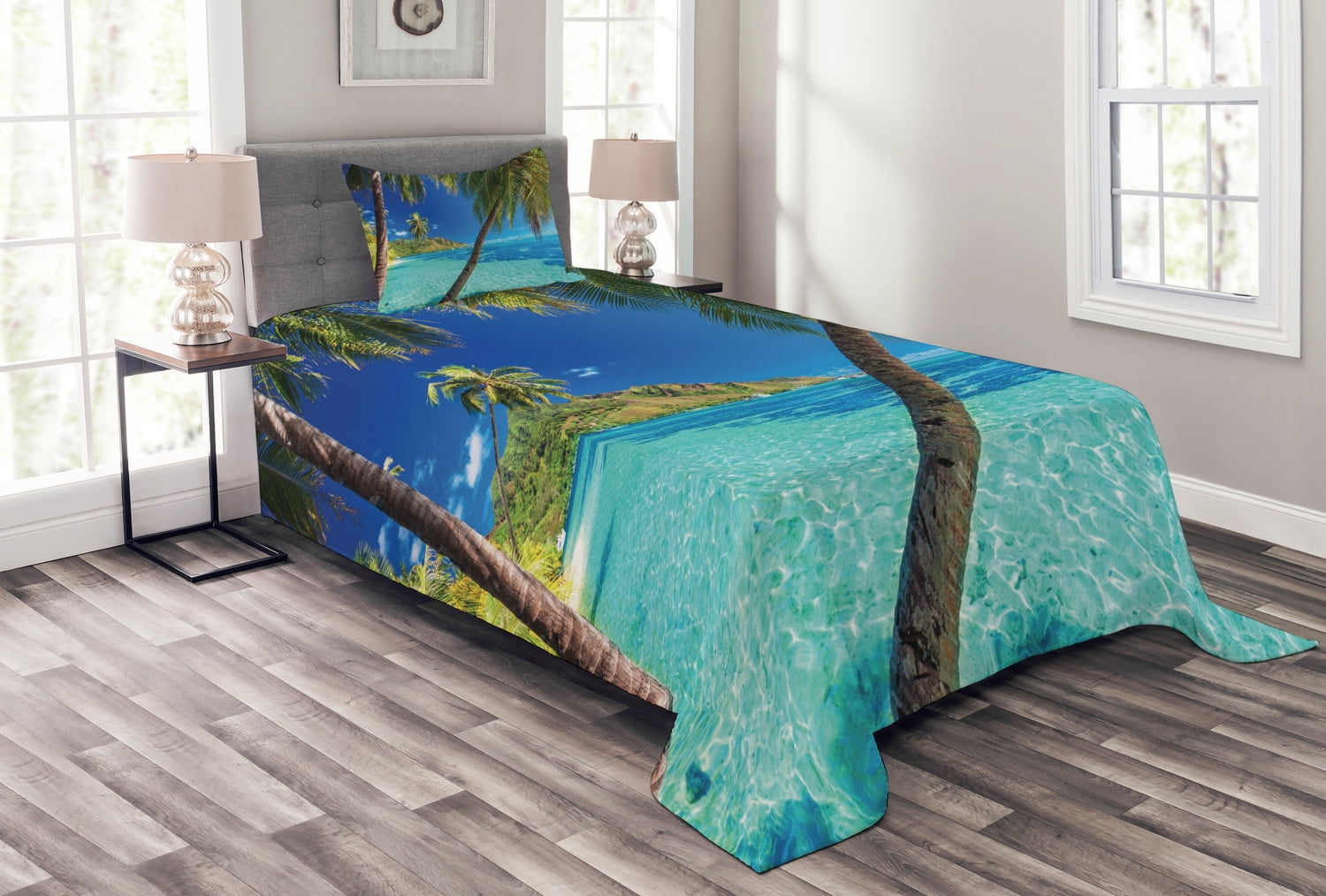 Twin White Tropical Island Beach Theme Bedspread Set