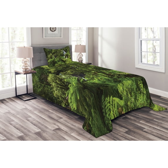 Ambesonne Tropical Quilted Bedspread Set 2 Pcs, Rainforest Fall River, Twin Size, Green