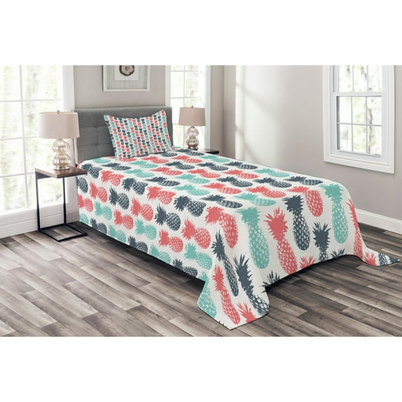 Ambesonne Tropical Quilted Bedspread Set 2 Pcs, Stamped Minimal Backdrop, Twin Size, Turquoise White Coral