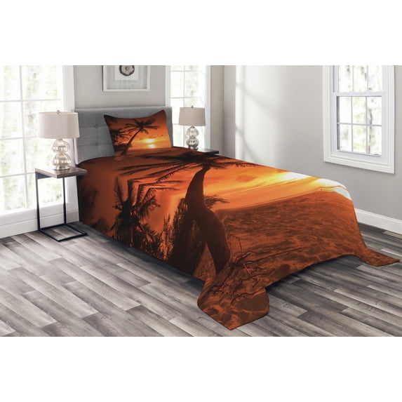 Ambesonne Tropical Quilted Bedspread Set 2 Pcs, Twilight Coconut Palms, Twin Size, Coral Orange Brown