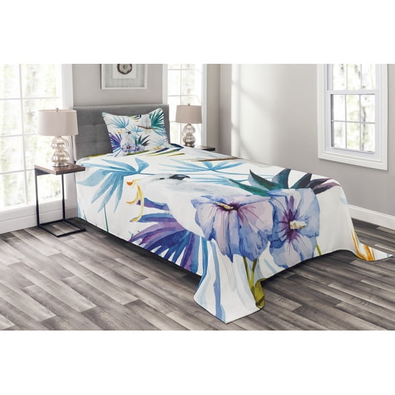 Ambesonne Tropical Quilted Bedspread Set 2 Pcs, Watercolor Parrot Palm, Twin Size, Multicolor