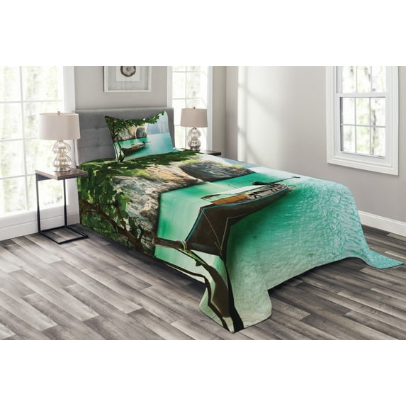 Ambesonne Tropical Quilted Bedspread Set 2 Pcs, World Seascape Shore, Twin Size, Multicolor