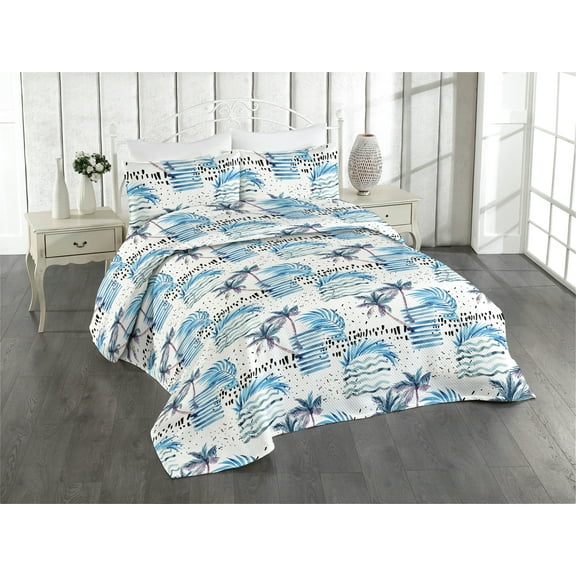 Ambesonne Tropical Quilted Bedspread Set 3 Pcs, Abstract Palm Zigzag Art, King, Sea Blue Cadet Blue White
