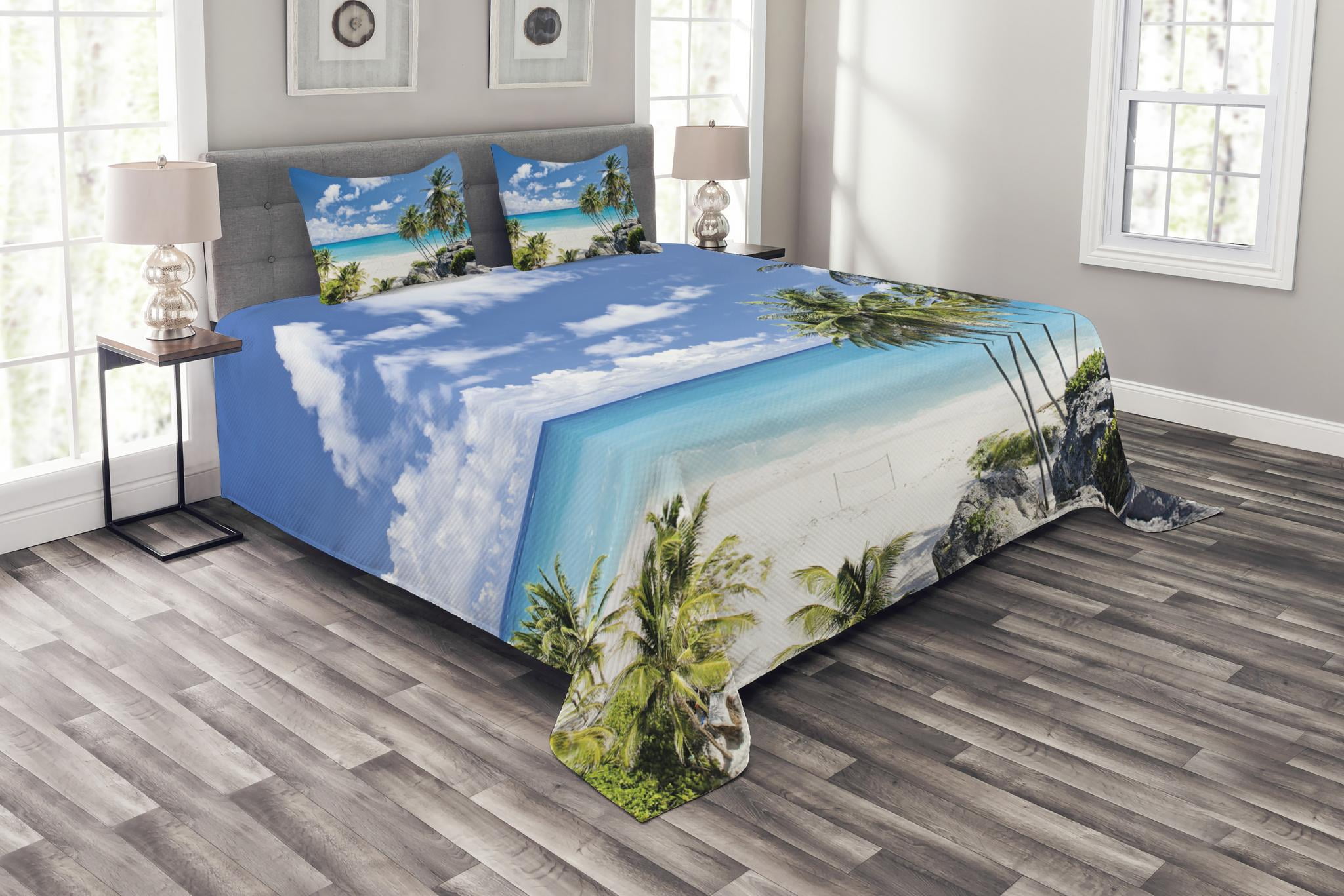 Ambesonne Tropical Quilted Bedspread Set 3 Pcs, Barbados Beach Ocean
