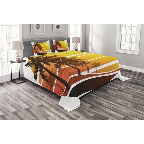 Ambesonne Tropical Quilted Bedspread Set 3 Pcs, Beach Palm Trees Birds, Queen Size, Yellow Coral Brown