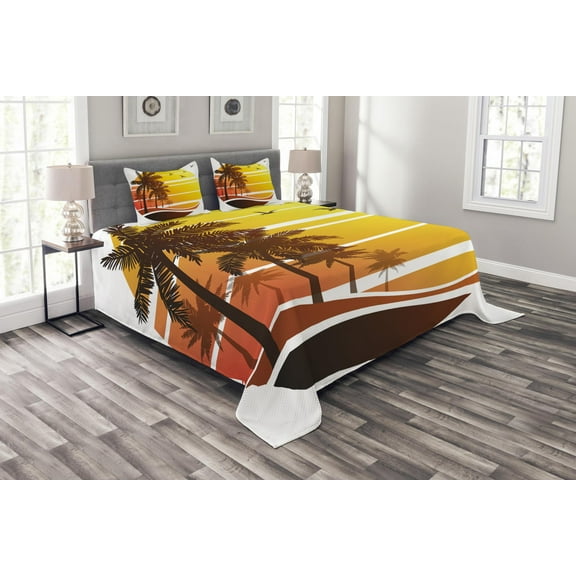 Ambesonne Tropical Quilted Bedspread Set 3 Pcs, Beach Palm Trees Birds, Queen Size, Yellow Coral Brown