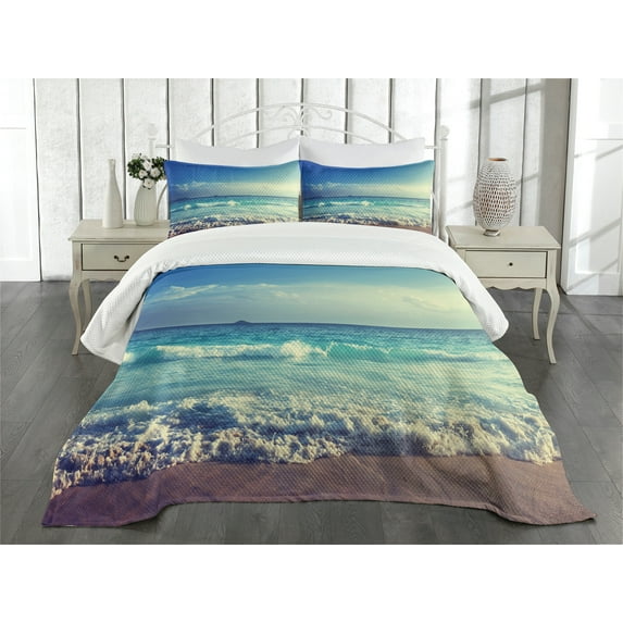 Ambesonne Tropical Quilted Bedspread Set 3 Pcs, Beach Sunset Waves, King Size, Cream Turquoise