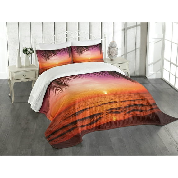 Ambesonne Tropical Quilted Bedspread Set 3 Pcs, Coconut Palm Tree Leaf, Queen Size, Pink Orange