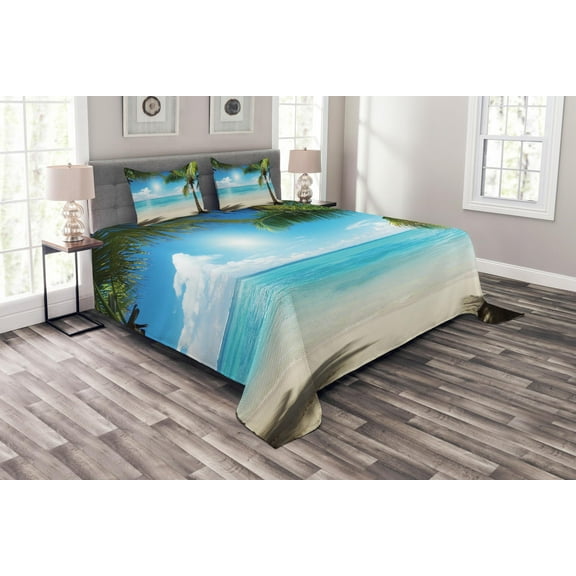 Ambesonne Tropical Quilted Bedspread Set 3 Pcs, Coconut Shadows, Queen Size, Aqua Coconut Green
