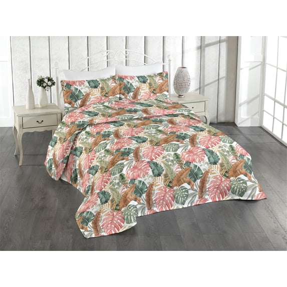 Ambesonne Tropical Quilted Bedspread Set 3 Pcs, Exotic Banana Palm Plot, Twin, Blush Coral and Caramel