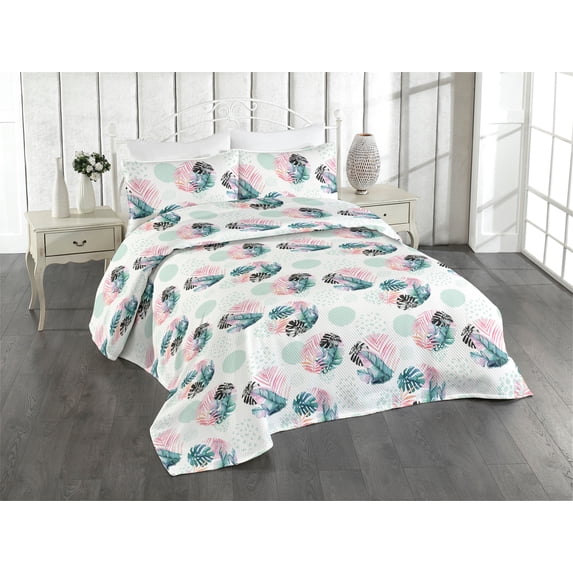 Ambesonne Tropical Quilted Bedspread Set 3 Pcs, Exotic Foliage Circles Art, King, Almond Green Dark Coral