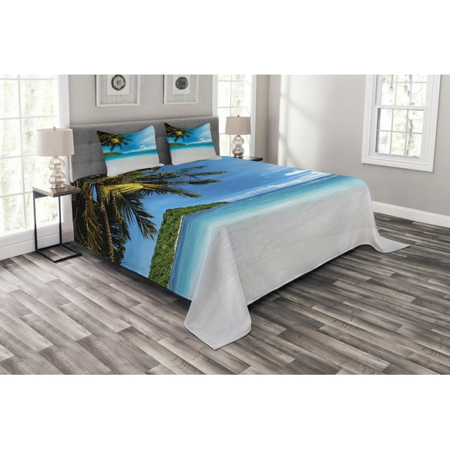 Ambesonne Tropical Quilted Bedspread Set 3 Pcs, Exotic Island Beach, King Size, Blue White Green