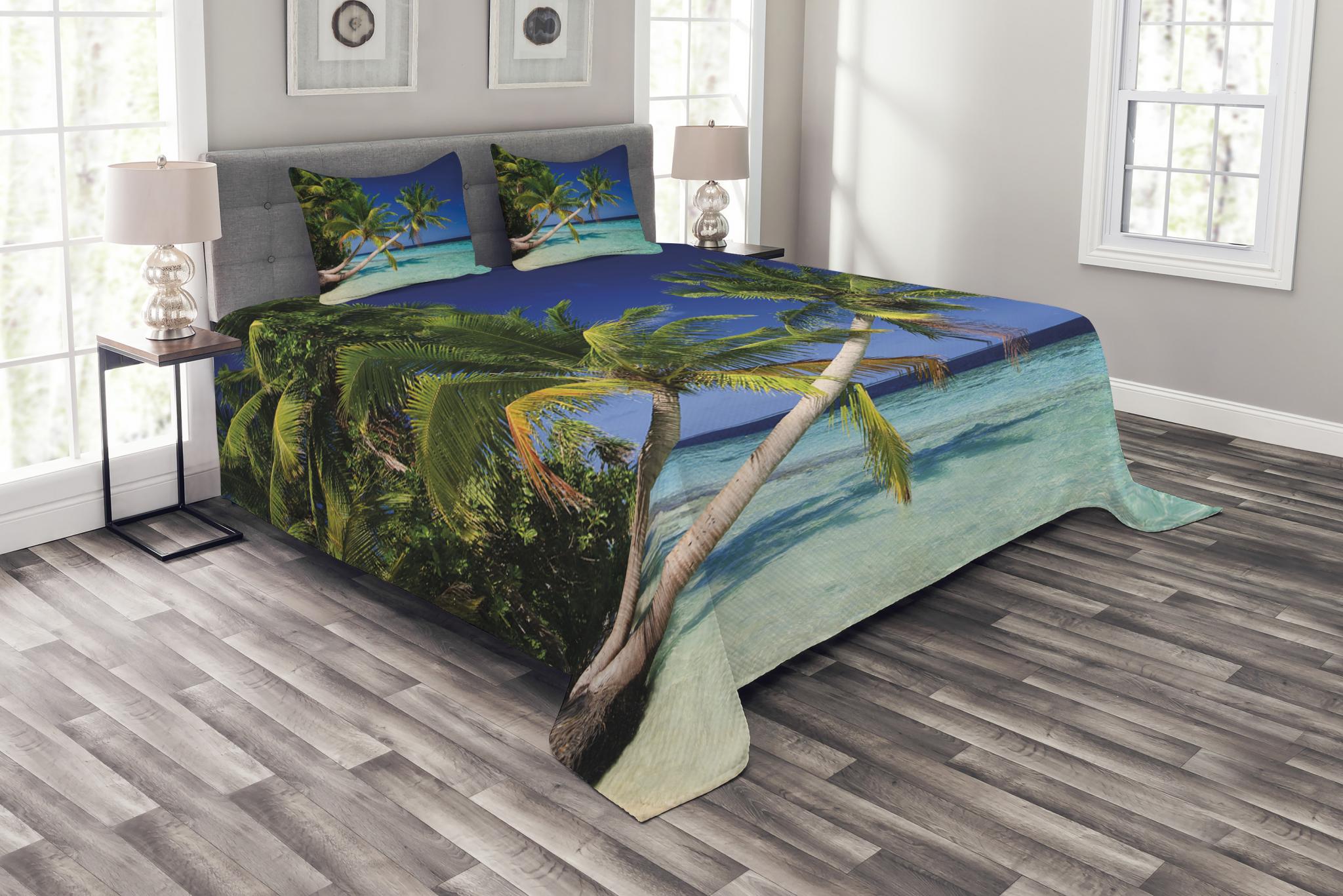 Ambesonne Tropical Quilted Bedspread Set 3 Pcs, Exotic Maldives Beach