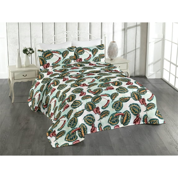 Ambesonne Tropical Quilted Bedspread Set 3 Pcs, Exotic Maranta Leaves Art, King, Teal Mint Green and Raspberry