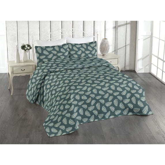 Ambesonne Tropical Quilted Bedspread Set 3 Pcs, Exotic Palm Leaves Modern, Queen, Hunter Green White