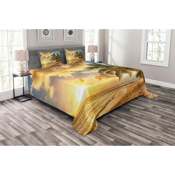 Ambesonne Tropical Quilted Bedspread Set 3 Pcs, Exotic Sandy Beach, Queen Size, Cream Blue