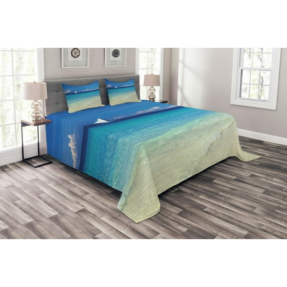 Ambesonne Tropical Quilted Bedspread Set 3 Pcs, Exotic Seashore View, King Size, Turquoise Cream