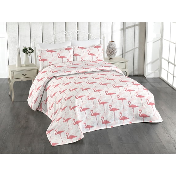 Ambesonne Tropical Quilted Bedspread Set 3 Pcs, Flamingo Drawing Tropical, Twin, Pale Pink and Eggshell