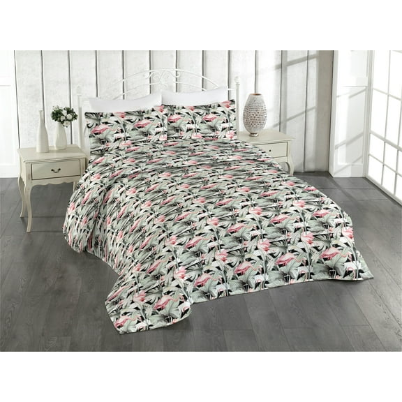 Ambesonne Tropical Quilted Bedspread Set 3 Pcs, Flamingo Exotic Leaves Art, King, Pink and Sage Green