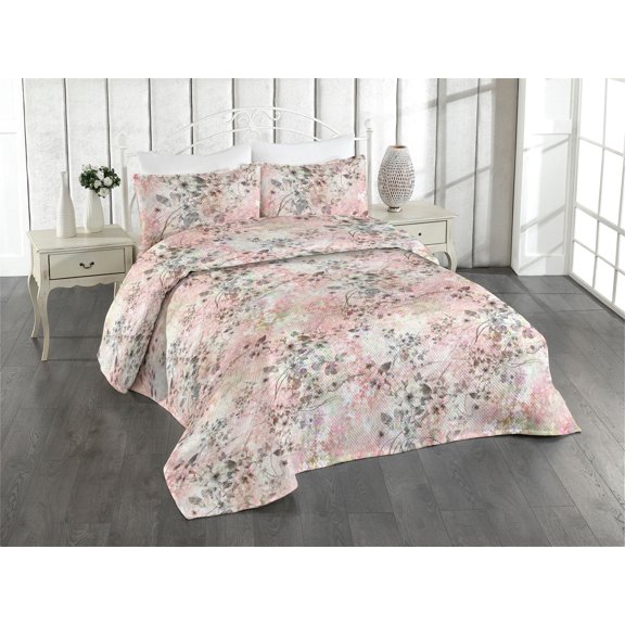 Ambesonne Tropical Quilted Bedspread Set 3 Pcs, Flower Leaf Watercolor Art, Twin, Dark Warm Taupe and Pink